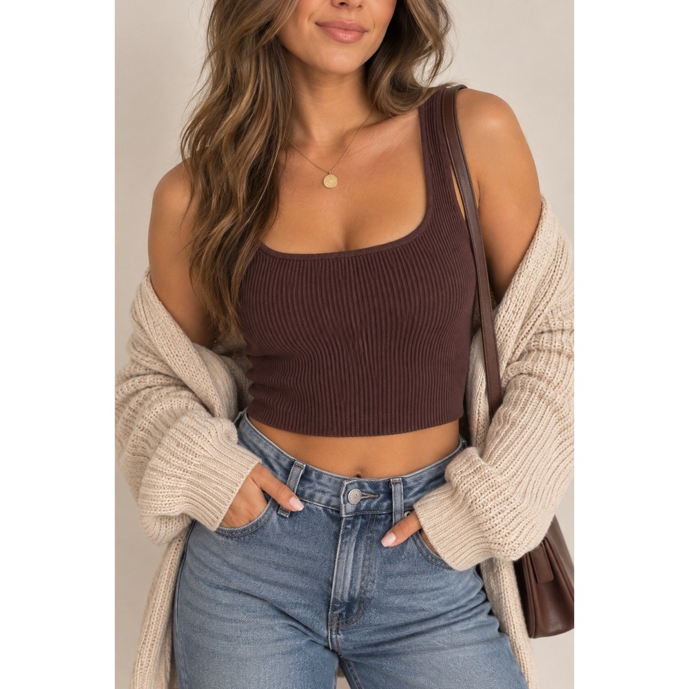 Aritzia Babaton Sculpt Knit Cropped Tank Top Brown Square Neck Ribbed Small